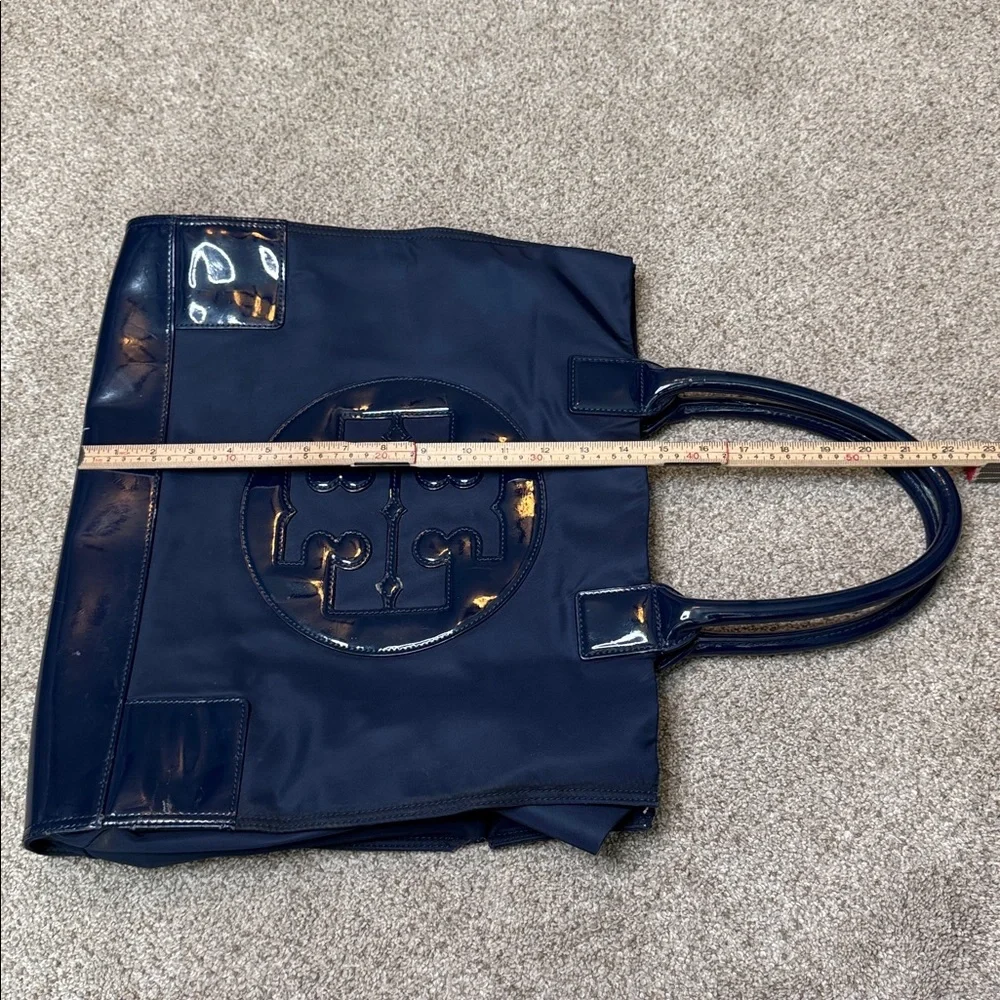 Tory Burch Ella Nylon Tote Navy Blue Patent Leather Trim Large Logo Tote
